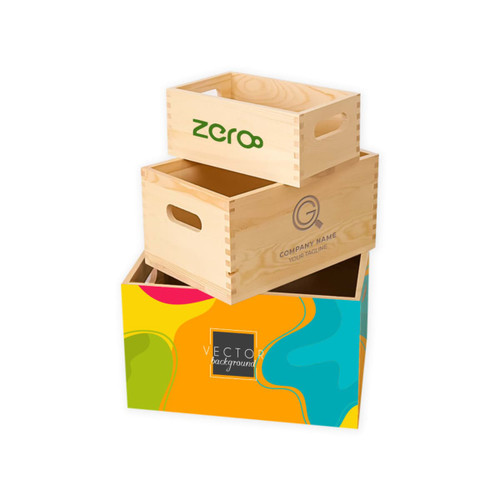 A set of wooden storage boxes in natural wood, featuring two smaller boxes stacked on a colourful base.