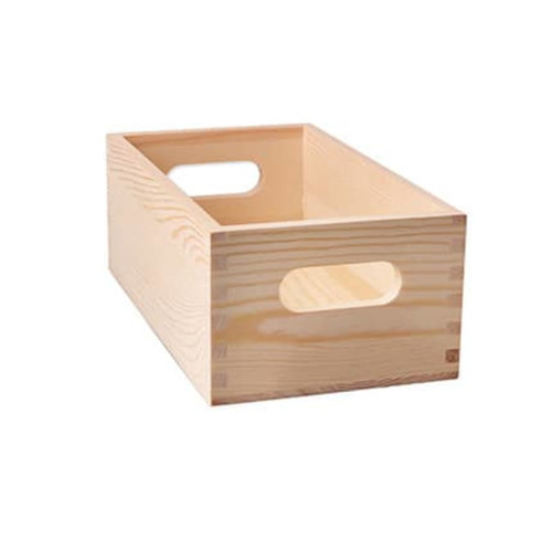A small wooden storage box in natural wood colour with two side handles for easy carrying.