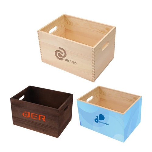 Large wooden storage boxes in natural, dark brown, and blue finishes, featuring handles and various logos.