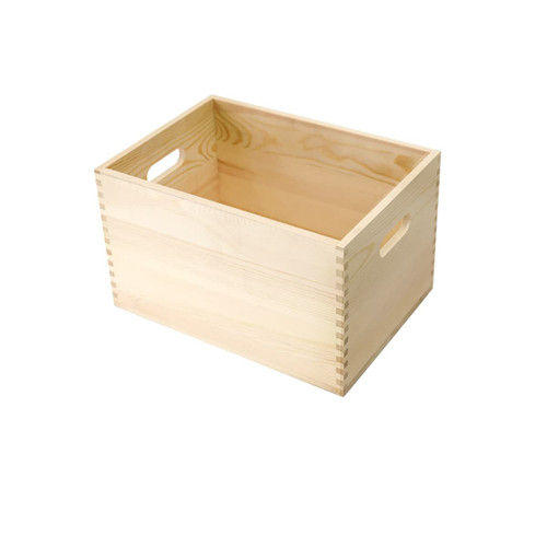 A large wooden storage box in a natural wood finish with handle cutouts for easy carrying.