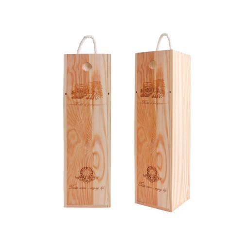 A wooden wine box featuring a natural wood finish, with a rope handle and branding on the front.