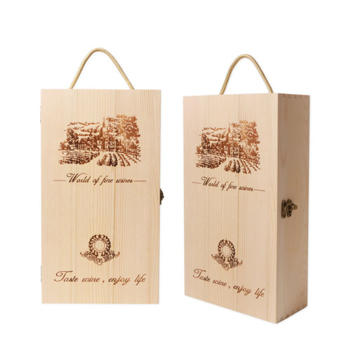 A wooden wine box featuring a natural finish, suitable for two bottles, with a rope handle and decorative engraving.