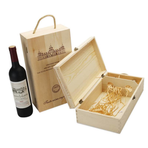 A wooden wine box with a handle, featuring one compartment and straw filling, alongside a wine bottle.