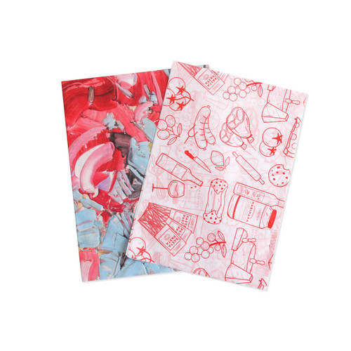 A set of two Kraft paper sheets, one with a red and blue abstract pattern and the other featuring red line drawings of food items.