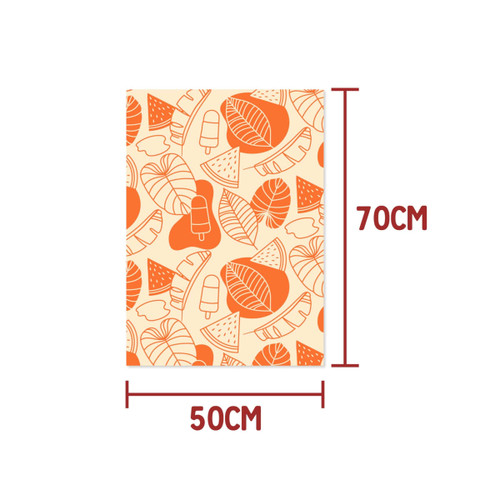 Kraft paper featuring orange illustrations of leaves and ice creams, measuring 50x70cm. It has a simple design.
