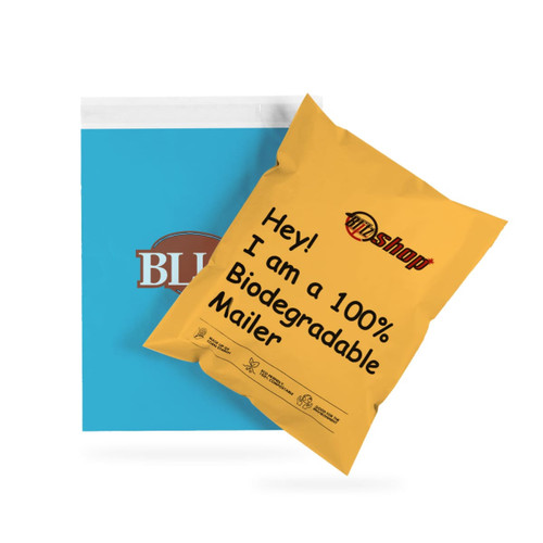 A yellow biodegradable mailer bag with a logo, placed beside a blue bag.