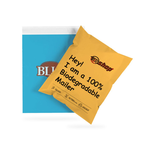 A yellow biodegradable mailer bag sits slightly overlapping a blue mailer bag, both featuring logos.
