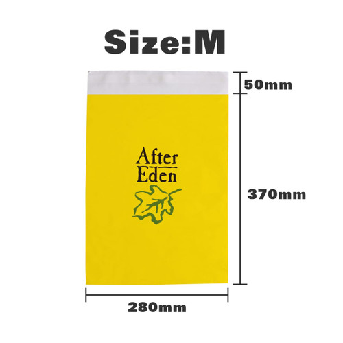 A medium biodegradable mailer bag in yellow with a logo, featuring dimensions of 280mm x 370mm x 50mm.
