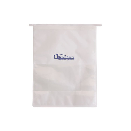A white sealing storage bag with an iron wire frame and a logo at the top. Dimensions are 22x28x11cm.
