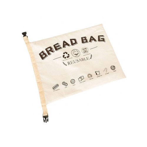A reusable linen bread bag in cream, featuring a logo and various icons related to its use.
