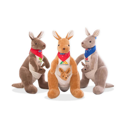 Plush kangaroo toys in brown and grey, featuring scarves and a baby kangaroo in a pouch. Each has a logo.