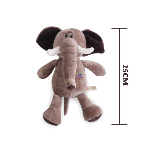 A plush toy elephant in brown and cream, measuring 25 cm, with a stitched logo on its side.