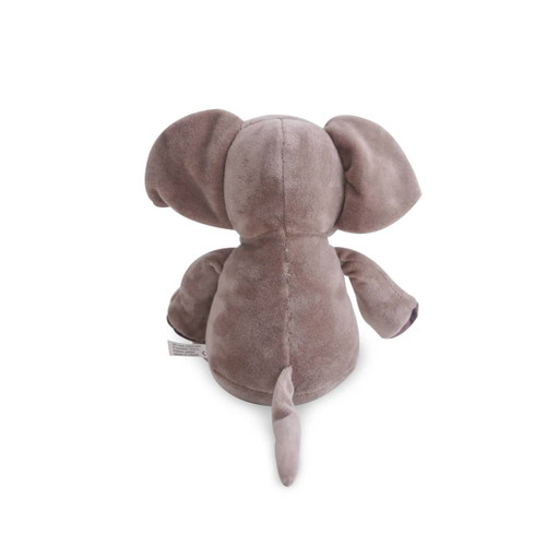 A grey plush elephant toy with large ears and a small tail, featuring a soft texture and a label.