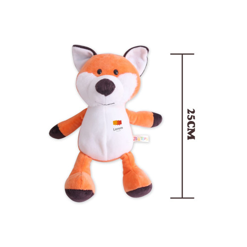 An orange and white fox plush toy, featuring a stitched face and measuring 25 cm tall, with a logo present.