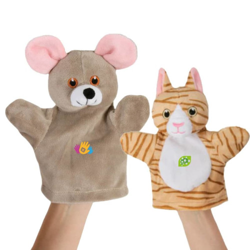 Two custom shape hand puppets, one brown mouse with pink ears and one orange striped cat with a white belly. Both have branding.