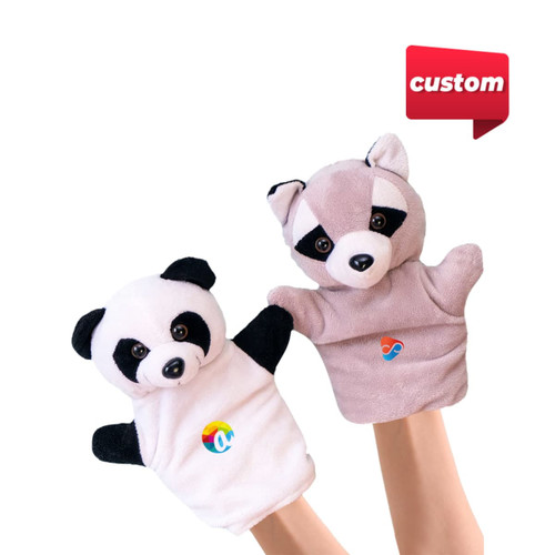 Two plush hand puppets, one black-and-white panda and one grey raccoon, featuring colourful logos.