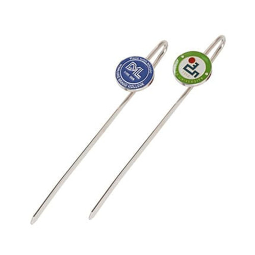 A pair of silver metal bookmarks with coloured circular decorative tops featuring logos.