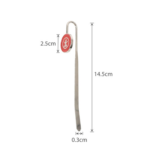 A metal bookmark with a round top and a slender, elongated hook, measuring 14.5 cm in length.