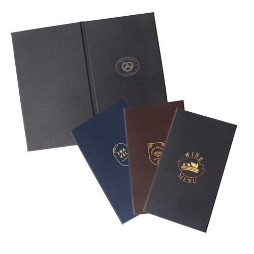 A set of four custom menus in dark brown, navy, and black, featuring a logo and gold accents.