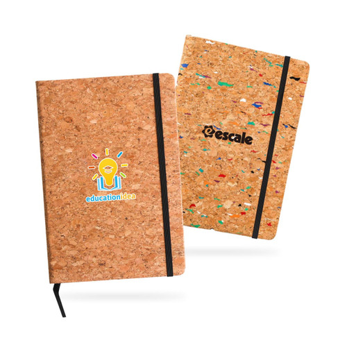 A5 cork notebook featuring a textured cork exterior, black elastic closure, and visible logos on the covers.