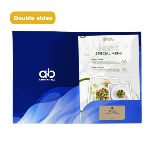 A4 full colour presentation folder with a blue design, featuring a logo and a menu insert.