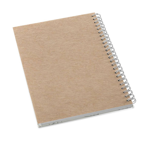 A B5 full colour notebook with a spiral binding and a natural brown cover, featuring a silver wire spine.