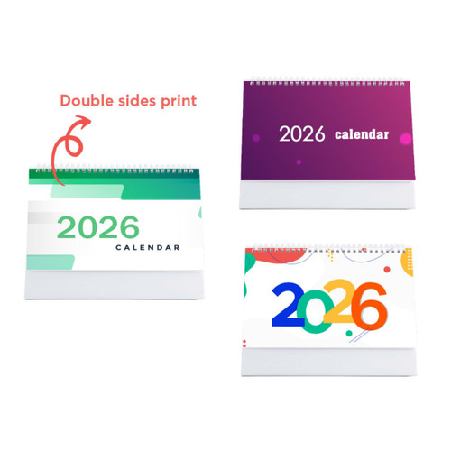 A desk calendar featuring a spiral binding, showcasing colourful designs for the year 2026 on multiple sides.