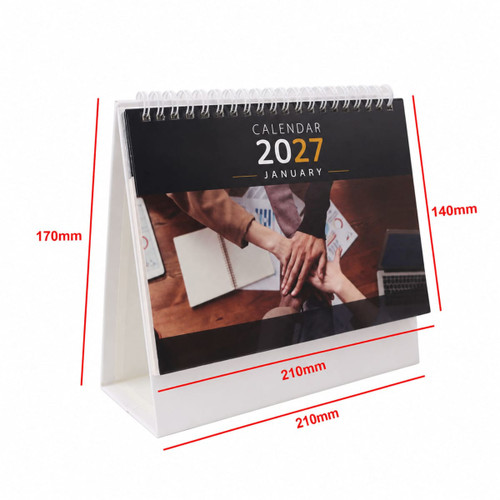 A desk calendar with a spiral binding, featuring a January page, predominantly black and white with a 2027 date.