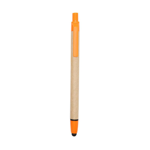 A stylus pen with a brown paper barrel and orange accents, featuring a touch head for screen use.