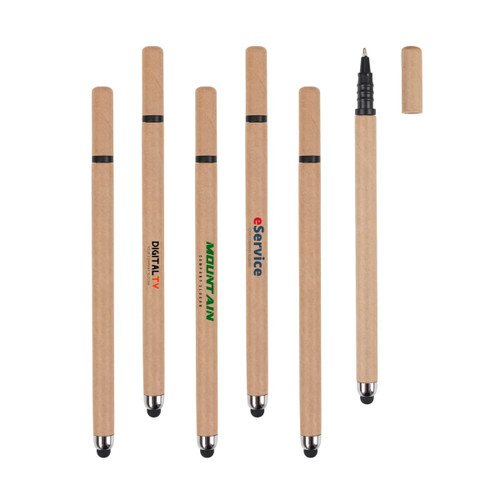 A collection of six wooden stylus pens, featuring both touch tips and traditional pen tips, with various branding.