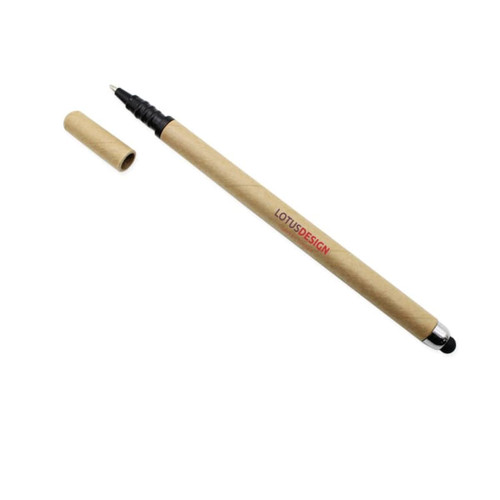 A wooden stylus pen with a touch head, featuring a removable cap and a brand logo.
