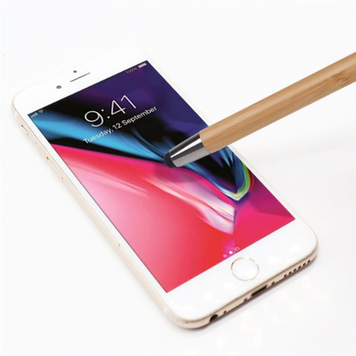 A bamboo pen with a stylus nib is poised above a smartphone screen, showcasing its natural colour and sleek design.
