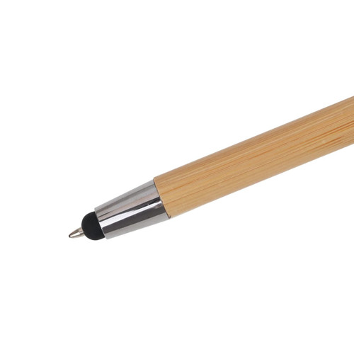 A bamboo pen featuring a silver tip and black stylus nib. The body is made from natural bamboo.