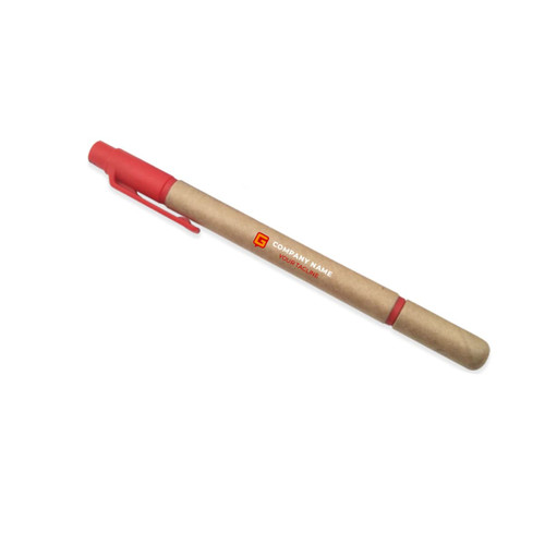 A paper tube highlighter with a red cap and a brown recycled barrel, featuring a logo.