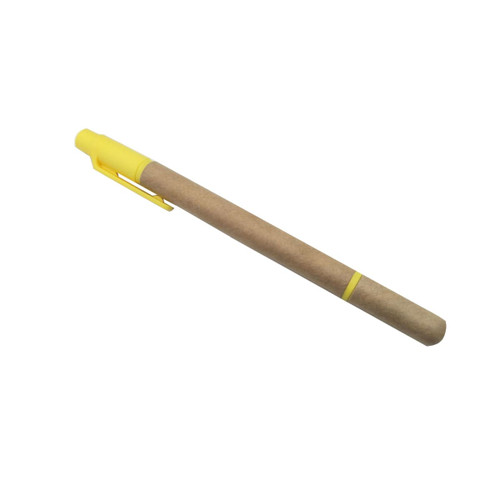 A highlighter with a yellow cap and accents, featuring a brown paper tube barrel and a clip.