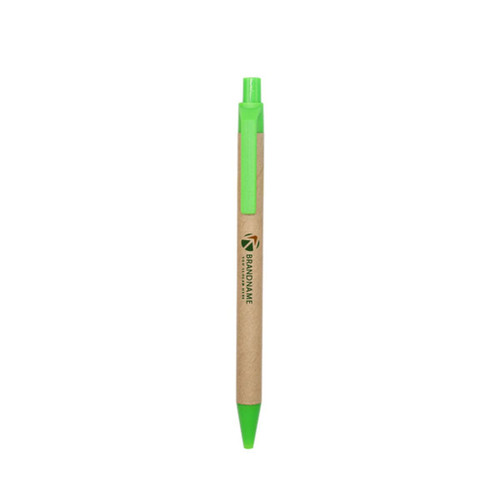 A Kraft paper pen with a green tip and clip, featuring a logo. The pen has a natural brown finish.