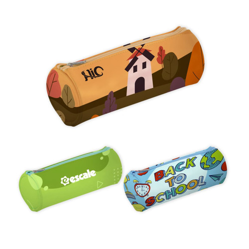 A PU leather pencil case featuring a variety of designs in orange, green, and blue colours. Each has a zip closure and branding.