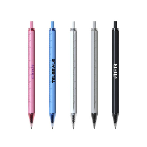 Five plastic pens in pink, light blue, white, and black, featuring a ruler design along the barrel. Each pen has a logo.