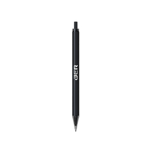 A plastic pen with a sleek black barrel, featuring a clip and a brand logo.