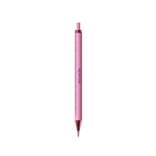 A pink plastic pen with a ruler design on the barrel and a silver writing tip. It features a logo on the side.