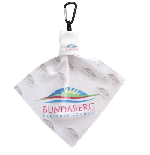 A white microfibre lens cloth with a carabiner, featuring a logo and a sun design.