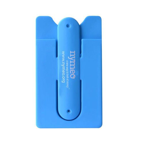 A blue phone wallet featuring a logo, with a slim design and a stand feature for convenience.
