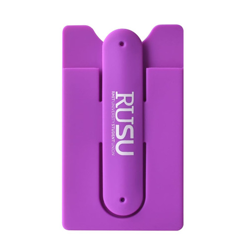 A purple phone wallet with a logo, designed to hold cards, featuring a slim, compact design.