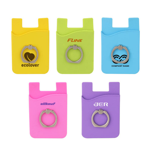 Five colourful smartphone wallets with rings in yellow, green, blue, pink, and purple, featuring various logos.