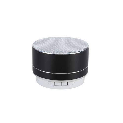 A black and silver metal Bluetooth speaker with a mesh top and control buttons at the base.