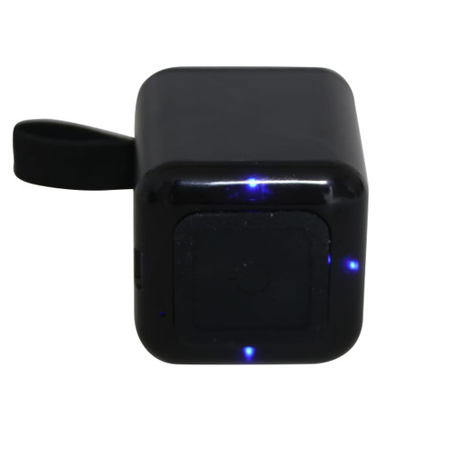 A black lighting cube Bluetooth speaker with a sleek design and blue indicator lights. It features a logo on its surface.