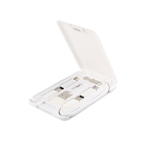A white multifunctional cable case with an open lid, revealing neatly organised charging cables inside.
