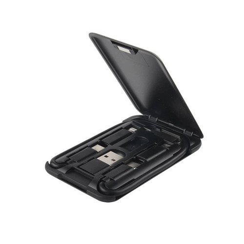 A black multifunctional cable case with various charging cables neatly stored inside. It has a logo on the exterior.