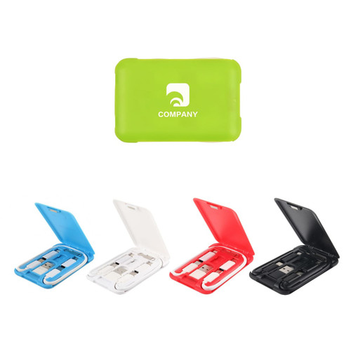 A multifunctional cable case in green, with additional options in blue, white, red, and black, featuring a logo.