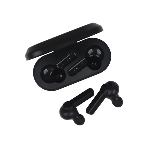 A pair of black true wireless earbuds with a charging case are displayed on a white background. The charging case is open.